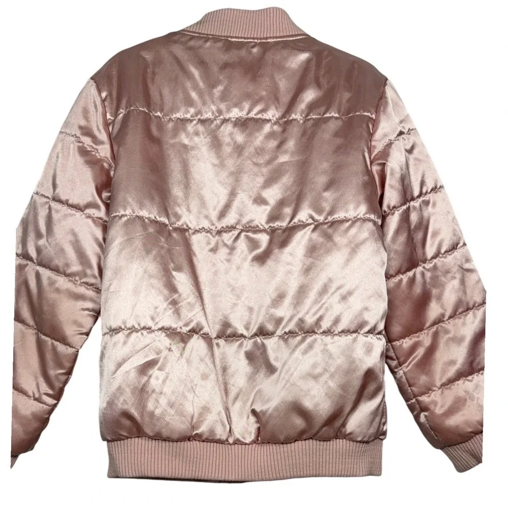 GAP Kids Rose Gold Satin Quilted Bomber Jacket Floral Embroidered Puffer, Small